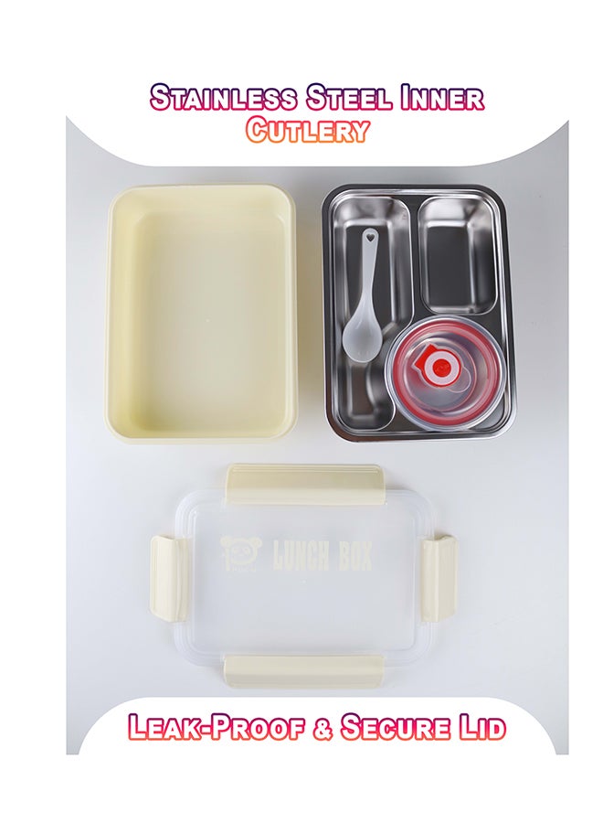 توشيونيكس علبة غداء من الستانلس ستيل آمنة للاستخدام في الميكروويف بثلاثة أقسام، غطاء مانع للتسرب، ملعقة، خالية من BPA، وآمنة للتجميد، قفل بأربعة جوانب – مناسبة للأطفال والكبار – مثالية للمدرسة والمكتب والمنزل والسفر – 21 × 15 × 5 سم - Image 4