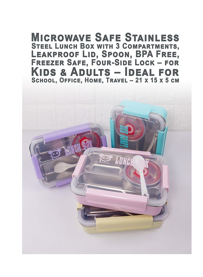 توشيونيكس علبة غداء من الستانلس ستيل آمنة للاستخدام في الميكروويف بثلاثة أقسام، غطاء مانع للتسرب، ملعقة، خالية من BPA، وآمنة للتجميد، قفل بأربعة جوانب – مناسبة للأطفال والكبار – مثالية للمدرسة والمكتب والمنزل والسفر – 21 × 15 × 5 سم - Image 5
