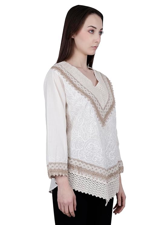 Ukal Hand Embroidered Bige Top/Full Sleeves Cotton Tunic/Summer Short Ethnic Chikan Kurti/Boho Short Ethnic Dress for Women (in, Alpha, XL, Plus Girls, Bige) - Image 3
