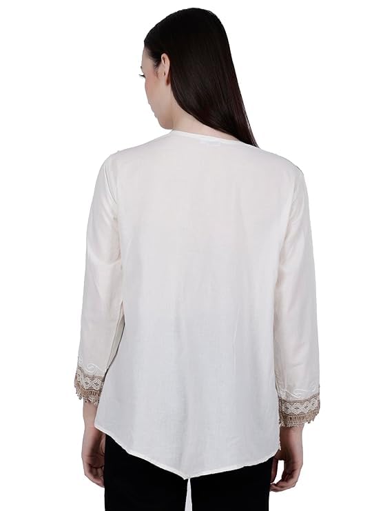 Ukal Hand Embroidered Bige Top/Full Sleeves Cotton Tunic/Summer Short Ethnic Chikan Kurti/Boho Short Ethnic Dress for Women (in, Alpha, XL, Plus Girls, Bige) - Image 4