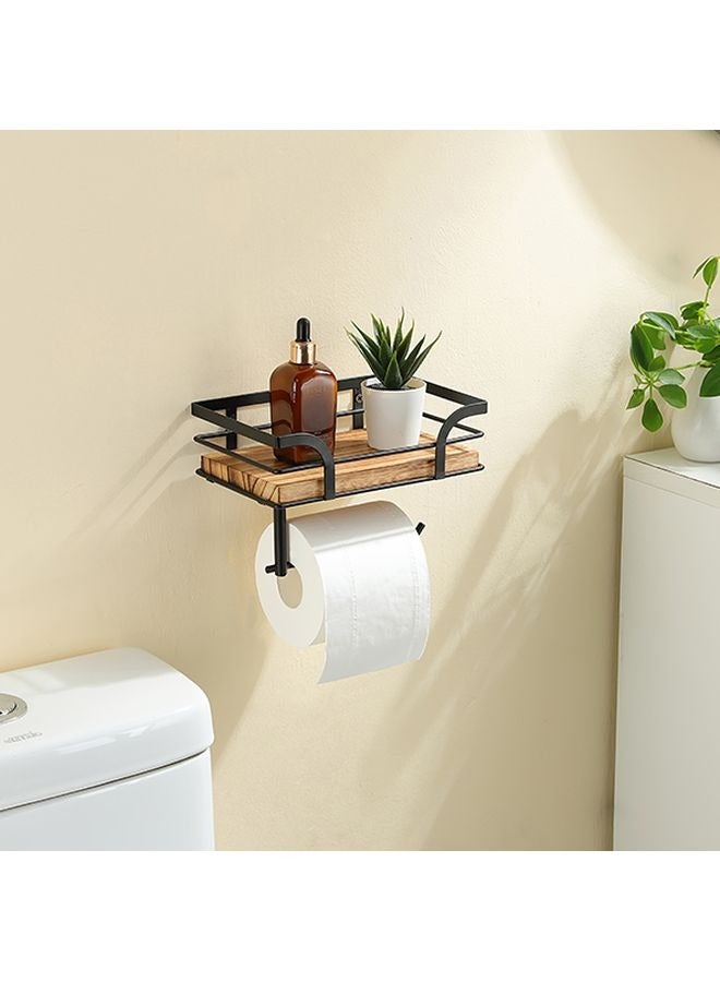HOMESTAR Rustic Farmhouse Toilet Paper Holder with Shelf - Farmhouse Bathroom Rustic Country Decor - Rustic Bathroom Accessories with Warm Brown Wood Shelf for Wipes&Cell Phone&Reading, Black Metal - Image 1