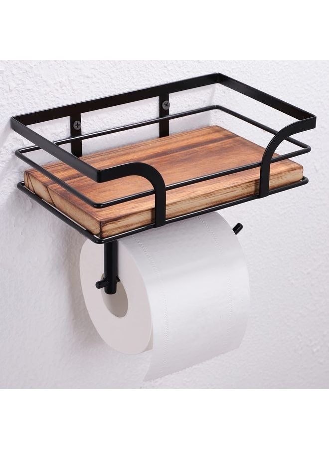 HOMESTAR Rustic Farmhouse Toilet Paper Holder with Shelf - Farmhouse Bathroom Rustic Country Decor - Rustic Bathroom Accessories with Warm Brown Wood Shelf for Wipes&Cell Phone&Reading, Black Metal - Image 2