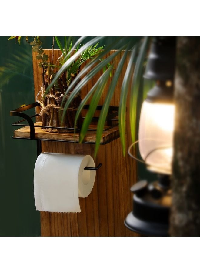 HOMESTAR Rustic Farmhouse Toilet Paper Holder with Shelf - Farmhouse Bathroom Rustic Country Decor - Rustic Bathroom Accessories with Warm Brown Wood Shelf for Wipes&Cell Phone&Reading, Black Metal - Image 3