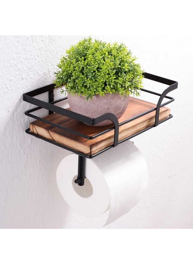 HOMESTAR Rustic Farmhouse Toilet Paper Holder with Shelf - Farmhouse Bathroom Rustic Country Decor - Rustic Bathroom Accessories with Warm Brown Wood Shelf for Wipes&Cell Phone&Reading, Black Metal - Image 5