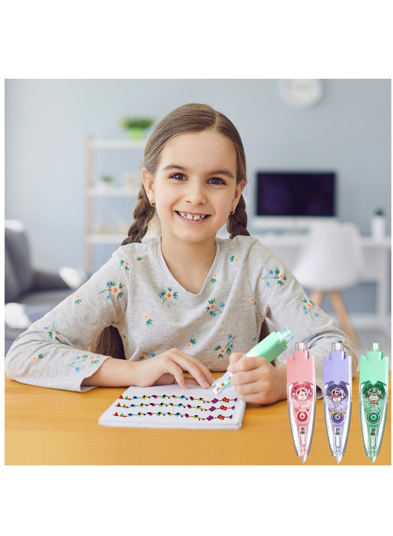 Decorative Correction Tape, 3Pcs Cute Pattern Press Type Decorative Pens for Kids, Decorative Tape Pen, Correction Tape Pen Set, Decorative Pens for Kids, Tape Pen for Scrapbooking Diary DIY Crafts