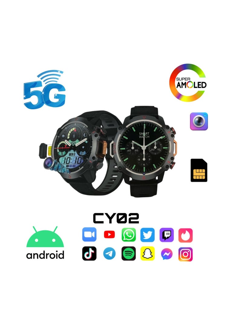 Smartbarry - CY02 5G Round Shaped Android Smartwatch With Sim and 6Gb Ram 64Gb Rom camera 2 set Strap - BLACK - Image 1