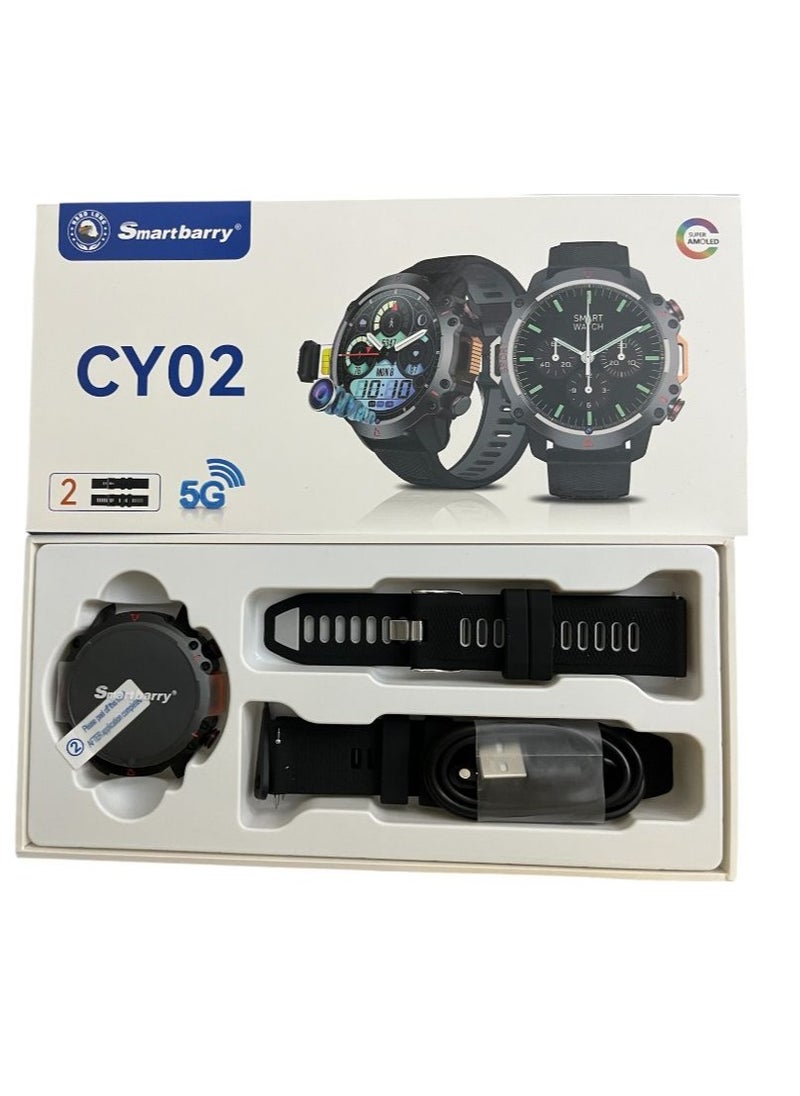 Smartbarry - CY02 5G Round Shaped Android Smartwatch With Sim and 6Gb Ram 64Gb Rom camera 2 set Strap - BLACK - Image 1