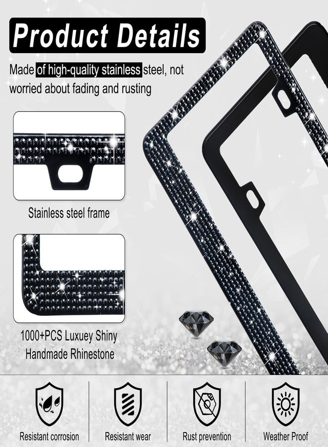 Amiss Bling License Plate Frame for Women, 2Pack Rhinestone Handcrafted Crystal Premium Stainless Steel, Stainless Steel Car Accessories with Diamond Sparkle Glitter Caps (Black) - Image 3