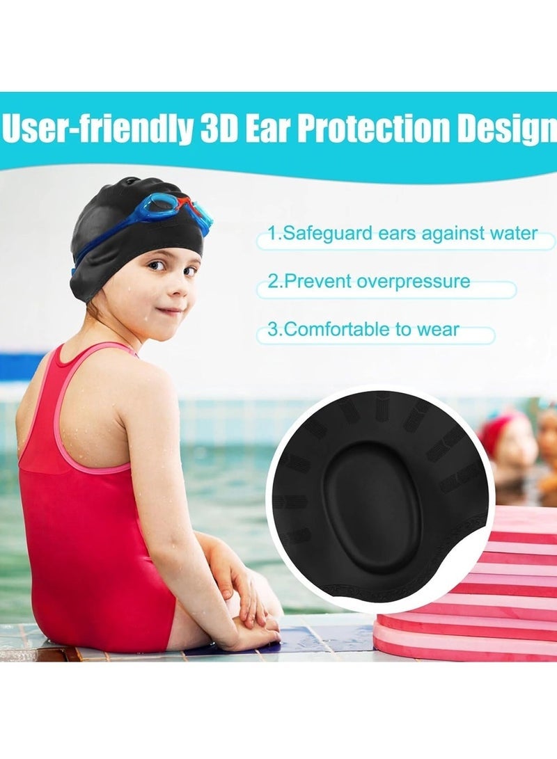 Generic Kids Swim Caps for Boys Girls, Durable Silicone Swimming Cap with 3D Ear Pockets for Age 8-15 Youth Teen & Adults, Unisex Swim Bath Hats for Short/Long Hair with Ear Plugs Nose Clip - Dark Blue  - Image 5