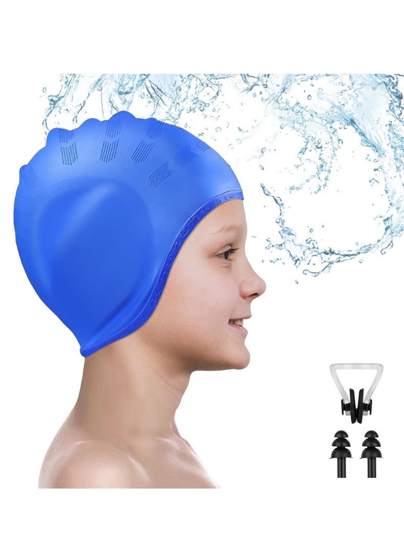 Generic Kids Swim Caps for Boys Girls, Durable Silicone Swimming Cap with 3D Ear Pockets for Age 8-15 Youth Teen & Adults, Unisex Swim Bath Hats for Short/Long Hair with Ear Plugs Nose Clip - Dark Blue  - Image 1