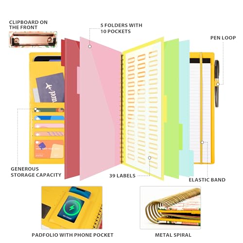 Ospelelf Clipboard with Storage for Men Women Leather Padfolio Portfolio Organizer 5 Folders with 10 Pockets Spiral Clipboard Folio with Notepad for Letter Size Elastic Closure and Pen Loop Floral - Image 3
