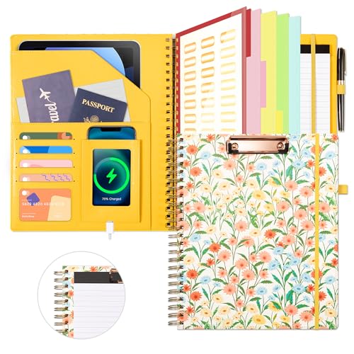 Ospelelf Clipboard with Storage for Men Women Leather Padfolio Portfolio Organizer 5 Folders with 10 Pockets Spiral Clipboard Folio with Notepad for Letter Size Elastic Closure and Pen Loop Floral - Image 1
