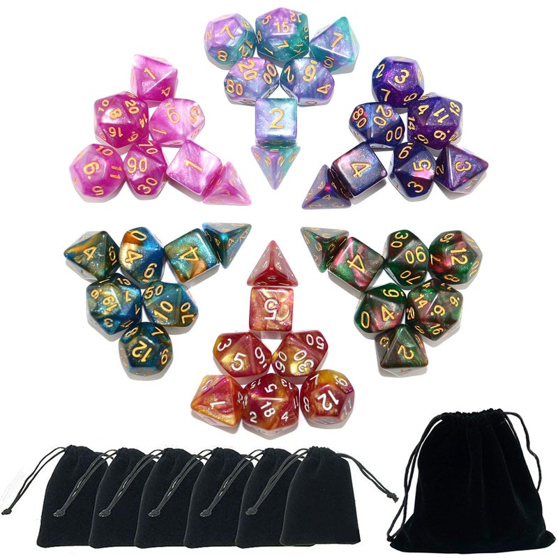 SmartDealsPro 6 x 7 Sets (42 pcs) Glitter Polyhedral Dice Sets with Pouches for DND RPG MTG Dungeon and Dragons Table Board Roll Playing Games D4 D8 D10 D12 D20 (6 Sets) - Image 1