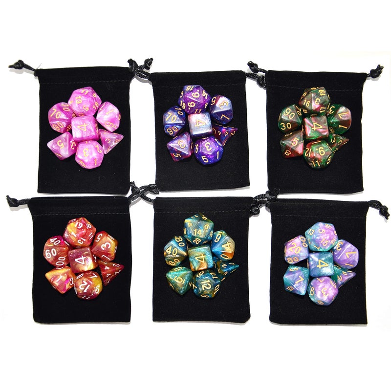 SmartDealsPro 6 x 7 Sets (42 pcs) Glitter Polyhedral Dice Sets with Pouches for DND RPG MTG Dungeon and Dragons Table Board Roll Playing Games D4 D8 D10 D12 D20 (6 Sets) - Image 2