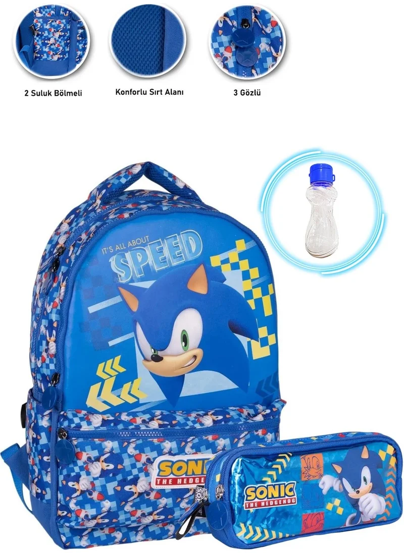 Masho Trend 3 Compartment End Sonic School Bag + Pencil Case + Water Bottle - Sonic Bag Primary School Bag Boys School Bag