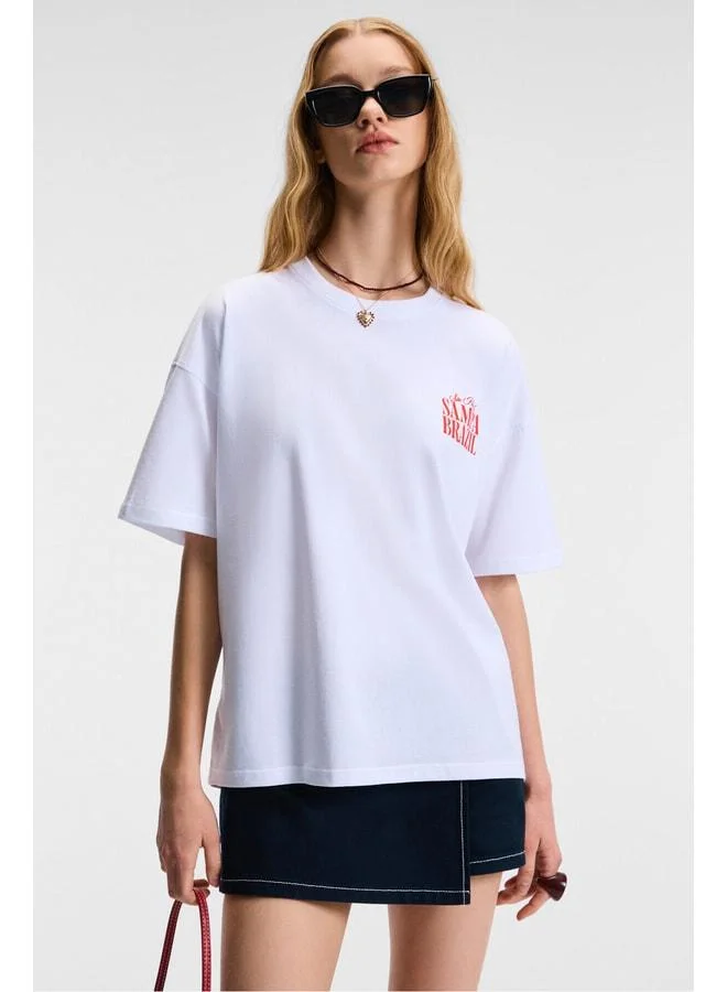 GRIMELANGE FEYLORA Women's 100% Cotton Oversized Fit Printed Detailed Short Sleeve Crew Neck White T-Shirt.