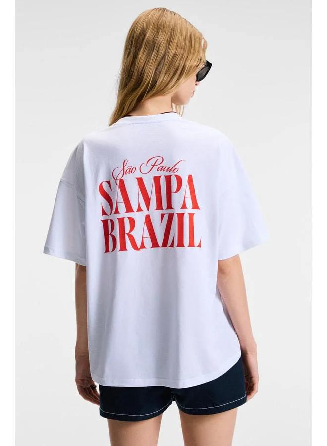 GRIMELANGE FEYLORA Women's 100% Cotton Oversized Fit Printed Detailed Short Sleeve Crew Neck White T-Shirt.