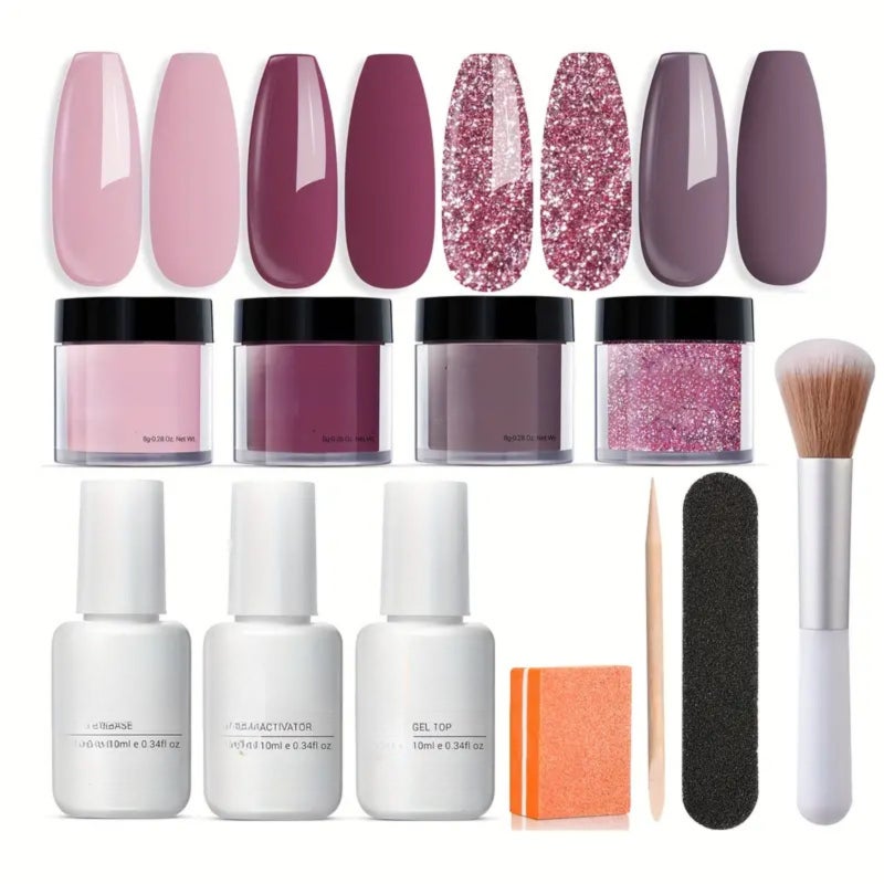 4 Colors Nail Dipping Powder Set Nail Art Starter Kit Dip Powder Fast-drying No UV/LED Nail Lamp Needed with Base Top Coat Activator for Home DIY Salon Nail Art - Image 1