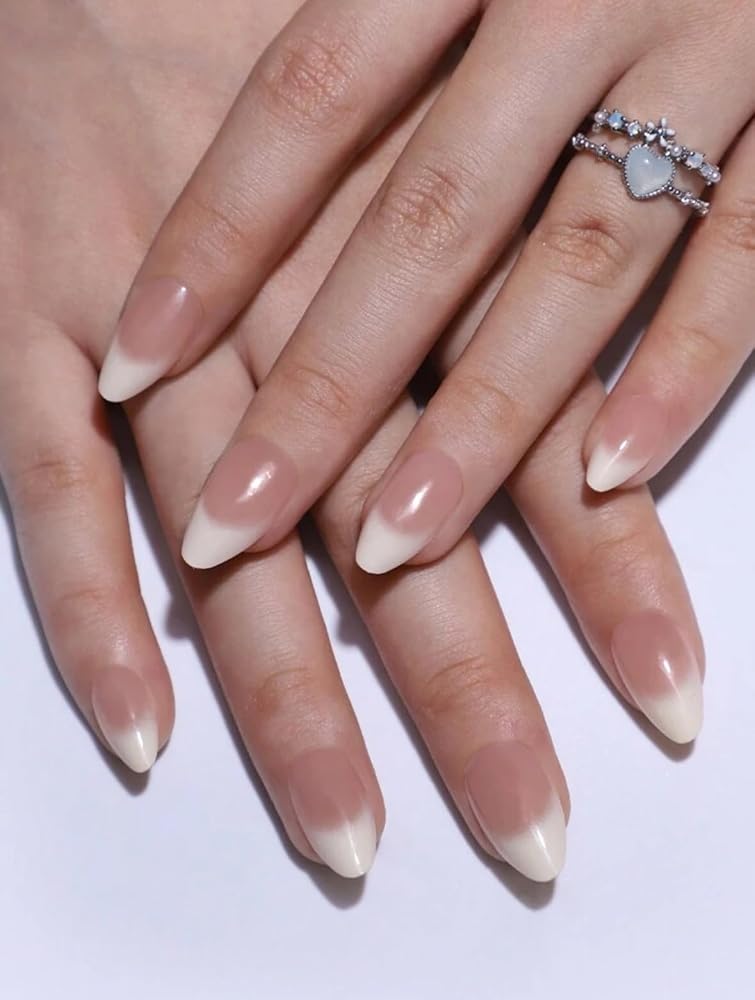 Suerte Press On Nails Almond tips very natural nude french Long Solid Color Glossy 24pcs Press On Nails shiny Manicure nail art trendy, Glazed style Fake acrylic nails with file and glue kit - Image 1