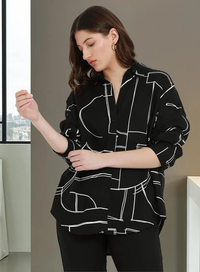 Dennis Lingo Black Relaxed Fit Printed Shirt for Women - Rayon, Full Sleeves, Shirt Collar, Casual,