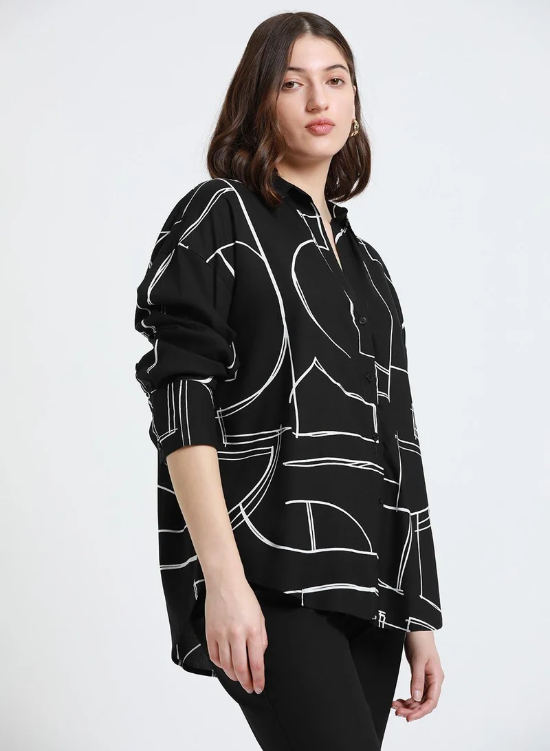 Dennis Lingo Black Relaxed Fit Printed Shirt for Women - Rayon, Full Sleeves, Shirt Collar, Casual,