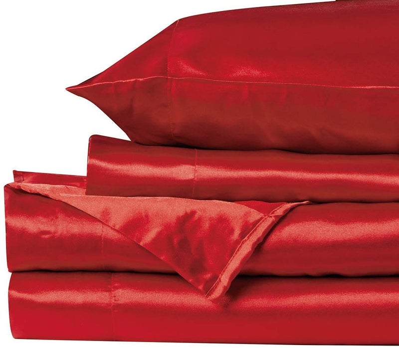 Mk Home LLC Twin Soft Silky Satin Solid Red Deep Pocket Sheet Set New - Image 2