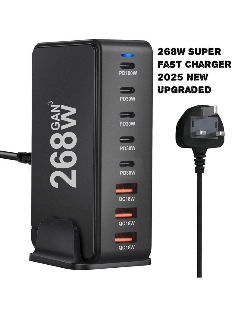 ELTRAZONE 268W Multi-Port USB C Fast Charger with 8-Port Charging Station – GaN Wall Charger Adapter with USB-A & Type-C Outputs – High-Speed Charging for Laptops, Phones, Tablets & More – UK Plug Power Strip – Portable, Safe & Efficient – Black - Image 1