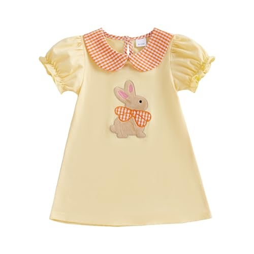 Lucikamy Toddler Baby Girl Easter Outfit Fly/Short Sleeve Bunny Embroidery A-Line Dresses Kids Summer Clothes (95% Cotton+5% Spandex-Yellow, 2-3 Years) - Image 1
