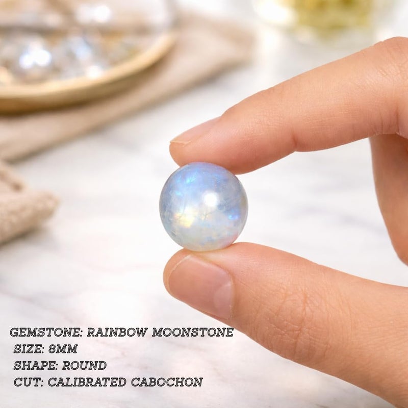 Myhealingworld 8mm Round Shape Blue Fire AAA Quality Natural Rainbow Moonstone Calibrated Cabochon Loose Gemstone 8 pcs Box. - Image 3