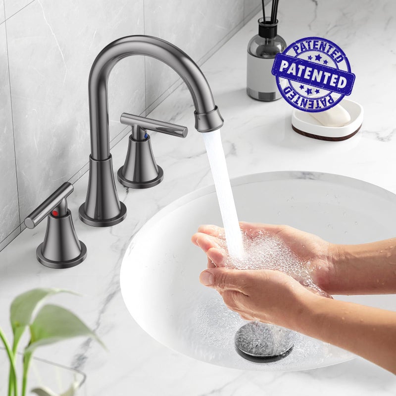 Hurran Bathroom Faucets for Sink 3 Hole, Hurran 8 inch Widespread Brushed Grey Bathroom Sink Faucet with Pop-up Drain and Supply Hose, Stainless Steel Lead-Free Faucet for Vessel Sink Vanity RV - Image 2