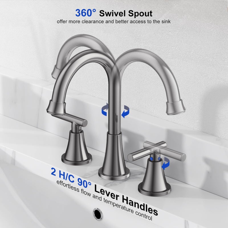 Hurran Bathroom Faucets for Sink 3 Hole, Hurran 8 inch Widespread Brushed Grey Bathroom Sink Faucet with Pop-up Drain and Supply Hose, Stainless Steel Lead-Free Faucet for Vessel Sink Vanity RV - Image 3