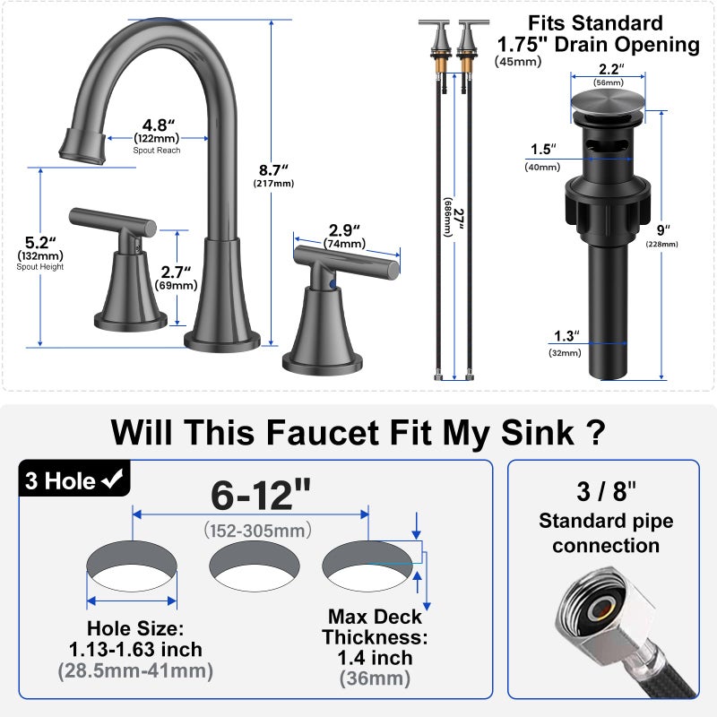 Hurran Bathroom Faucets for Sink 3 Hole, Hurran 8 inch Widespread Brushed Grey Bathroom Sink Faucet with Pop-up Drain and Supply Hose, Stainless Steel Lead-Free Faucet for Vessel Sink Vanity RV - Image 5