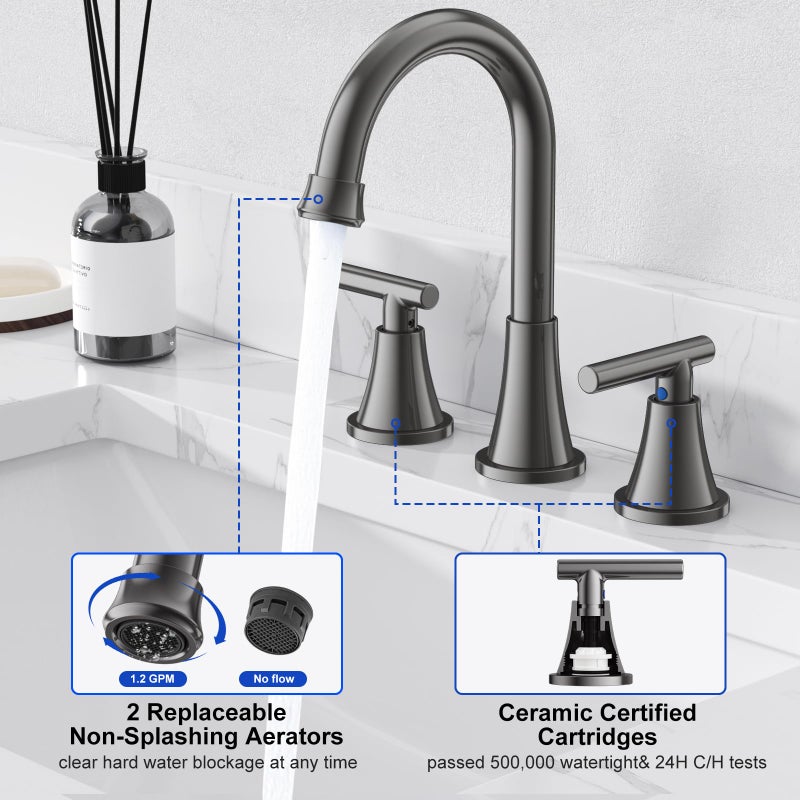 Hurran Bathroom Faucets for Sink 3 Hole, Hurran 8 inch Widespread Brushed Grey Bathroom Sink Faucet with Pop-up Drain and Supply Hose, Stainless Steel Lead-Free Faucet for Vessel Sink Vanity RV - Image 4