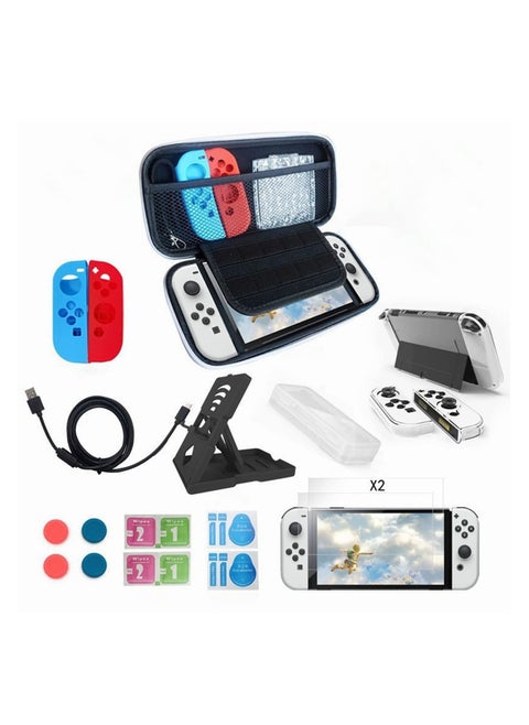 12 PCS Set, Carrying Case for Nintendo Switch OLED Console, Portable Travel Carry Case, Include Screen Protector, Protective Cover Case, Data Cable, Kickstand and Thumb Grip Caps