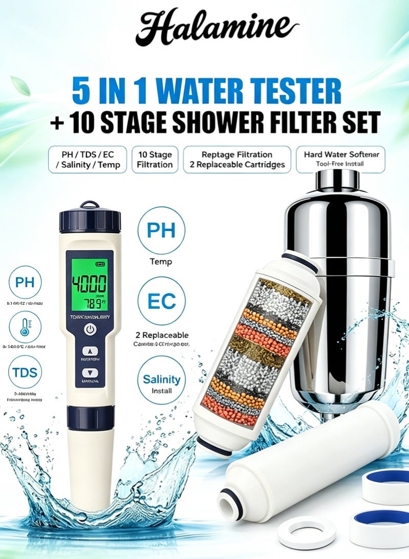 Halamine 5 in 1 PH Meter, Professional Multi-parameter Combo Testing Meter，PH/TDS/EC/Salinity/Temp Meter for Water, High Accuracy Water Testing Kits for Drinking Water, Pools, Fish Tank, and Hydroponics & Shower Filter,10 Stage Shower Head Filter with 2 Replaceable Cartridges,Bathroom Kitchen Faucet Water Softener Purifier,Hard Water, Removes Chlorine Fluoride Heavy Metals Bundle - Image 1