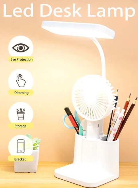 LED desk lamp, portable study lamp, touch dimming, study eye lamp, with pen holder and mobile phone holder, 360° flexible adjustment, indoor office lighting