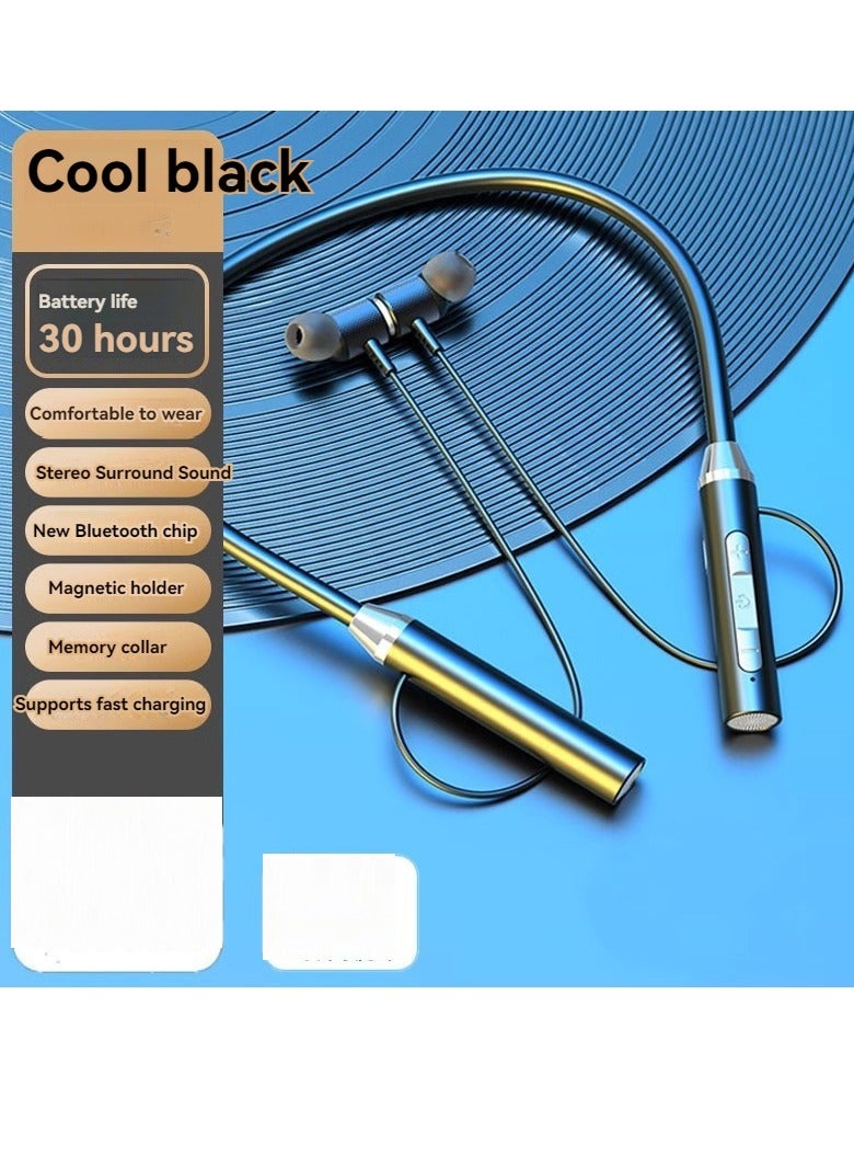 New neck hanging sports headphones magnetic three-dimensional running neck hanging in-ear comfortable music Bluetooth headphones cool black - Image 1