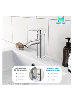 YOMYM YOMYM Wash Basin Mixer Faucet,Bathroom Basin Faucet,Water Mixer Kitchen Hot and Cold Water, Single Tap for Sink, Bathroom Sink Faucets with Included Hoses (Silver)  - Image 2