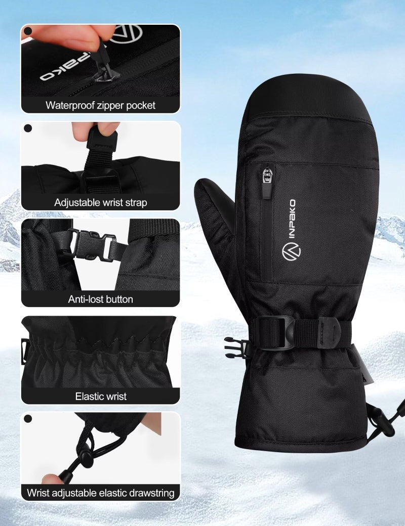 INPAKO Winter Ski Mittens Men Women, 3M Thinsulate Waterproof Mittens with Inside Glove Liners, Touchscreen Snowboarding Gloves, 5-Layer Thermal Warm Cold Weather Snow Gloves for Skiing Black Large - Image 4
