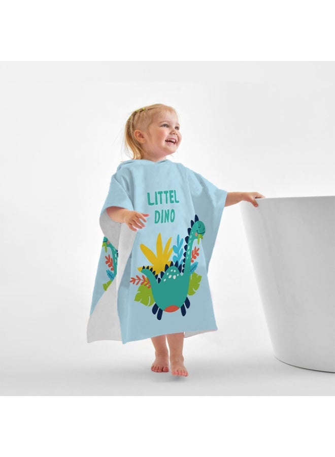 Kids Hooded Poncho Towel, Light Blue Microfiber Quick-Dry with Dinosaur "LITTEL DINO" Print - Image 2