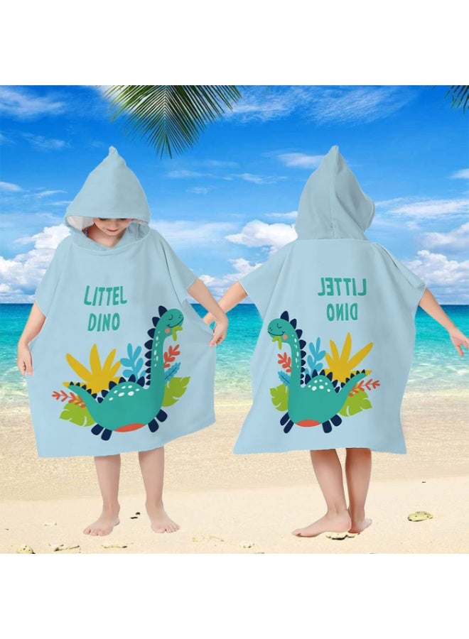 Kids Hooded Poncho Towel, Light Blue Microfiber Quick-Dry with Dinosaur "LITTEL DINO" Print - Image 3