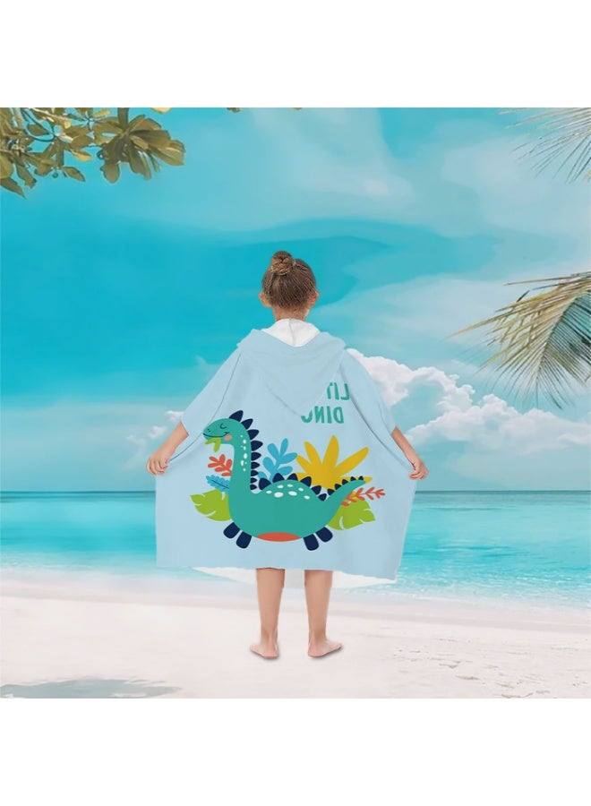 Kids Hooded Poncho Towel, Light Blue Microfiber Quick-Dry with Dinosaur "LITTEL DINO" Print - Image 4