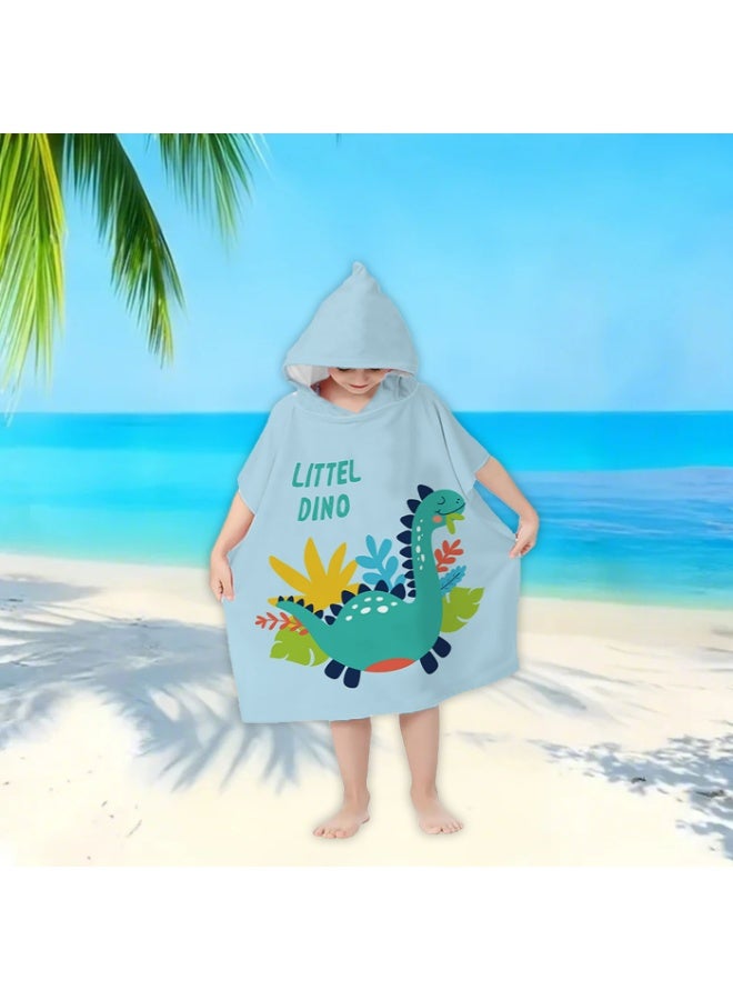 Kids Hooded Poncho Towel, Light Blue Microfiber Quick-Dry with Dinosaur "LITTEL DINO" Print - Image 5