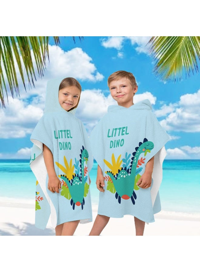 Kids Hooded Poncho Towel, Light Blue Microfiber Quick-Dry with Dinosaur "LITTEL DINO" Print - Image 1