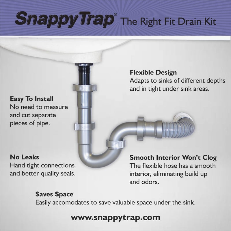 Coflex Snappy Trap Universal Flexible P Trap Bathroom Sink Drain Pipe Plumbing Kit for Home Improvement, No Leaks, Easy No Tool Installation, 9-13 Inch Flex Hose & 16 Inch Product Length (DK-105 Silver) - Image 1