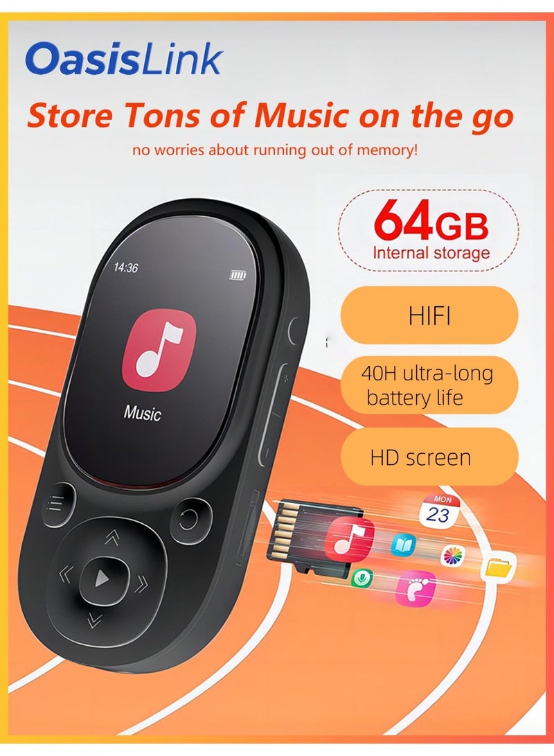 OasisLink MP3 player with a 1.5-inch screen, HiFi sound quality, and long battery life. Portable MP3 player with clip/pedometer for sports and running. Includes earphones (64GB). - Image 1