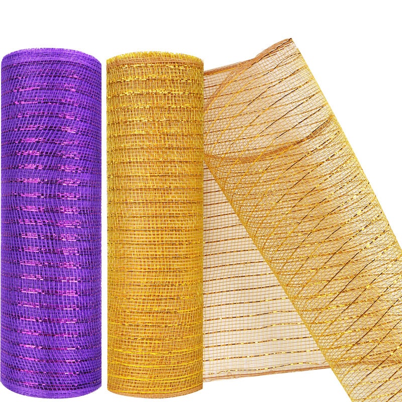 MIKIMIQI 2 Pack Deco Mesh 10 Inch x 30 Feet Decor Mesh Ribbon with Metallic Foil Deco Mesh Wreath Supplies Ribbon Mesh Roll for Spring Wreaths Craft Party Not Wired Gold Purple