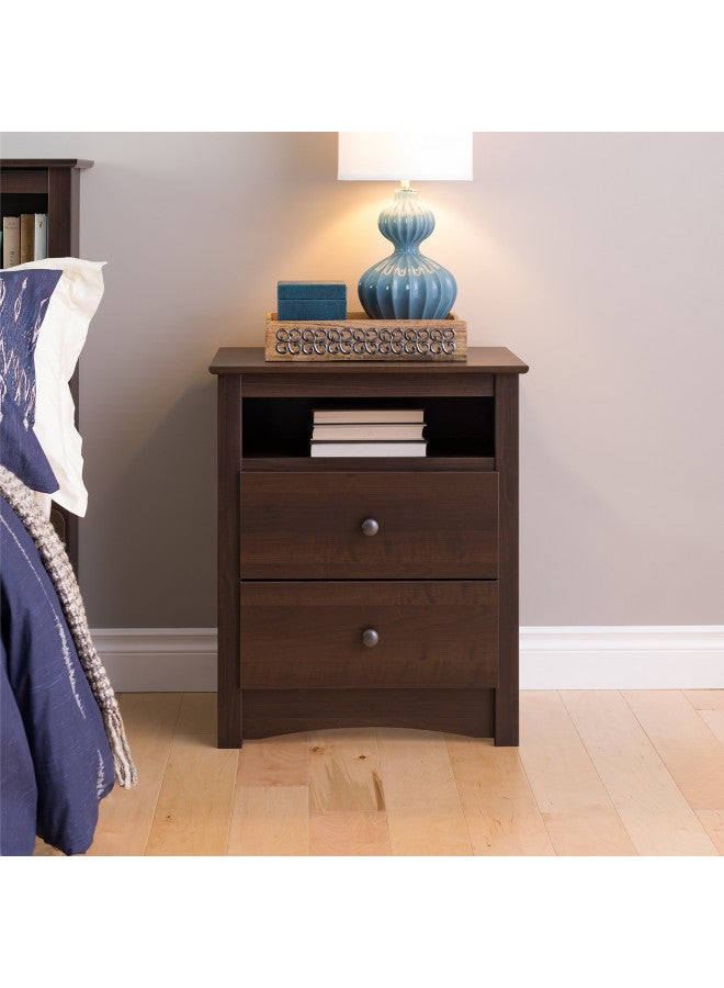 Prepac Prepac Fremont 2 Drawer Nightstand: Elegant Bedroom Furniture, Bedside Table with Open Shelf, 23.25"W x 16"D x 28"H, Espresso - EDC-2428  - Image 3