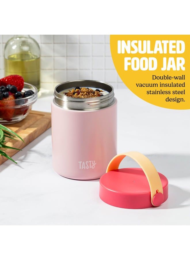 Tasty Food Jar with Folding Handle, Portable Snack Travel or Lunch Container, Stainless Steel Insulated Vacuum with Leak-Proof Lid, Keeps Food Hot or Cold for Hours, 15-Ounce, Pink - Image 2