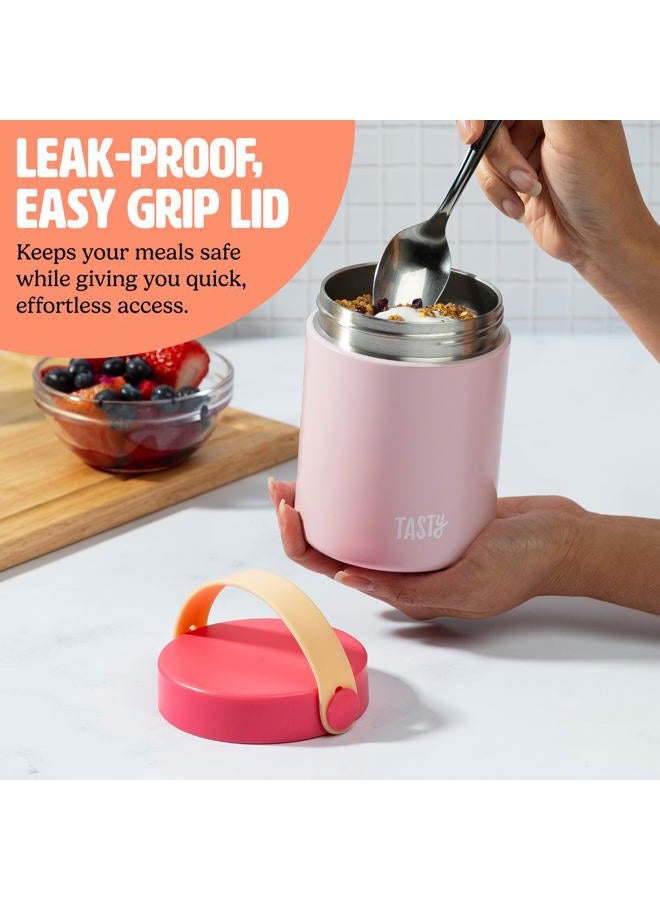 Tasty Food Jar with Folding Handle, Portable Snack Travel or Lunch Container, Stainless Steel Insulated Vacuum with Leak-Proof Lid, Keeps Food Hot or Cold for Hours, 15-Ounce, Pink - Image 4